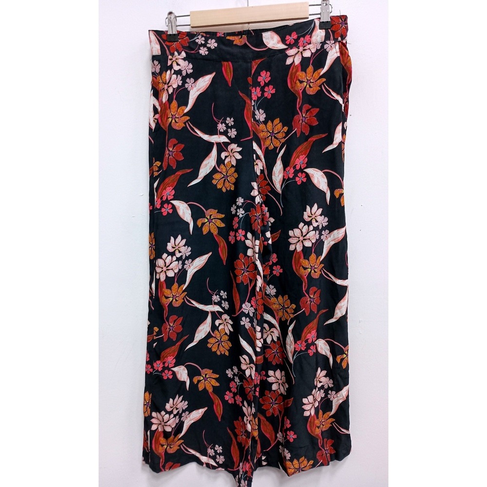 T Tahari Floral Wide Leg Pants Womens Medium Black‎ Boho Tropical High Rise Crop